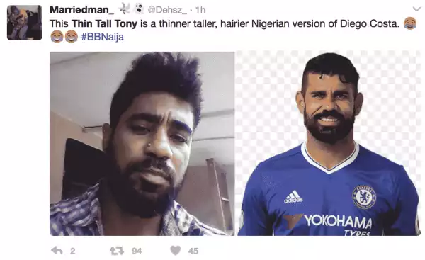 Nigerians are saying Big Brother Naija Thin Tall Tony looks like Diego Costa (photos)